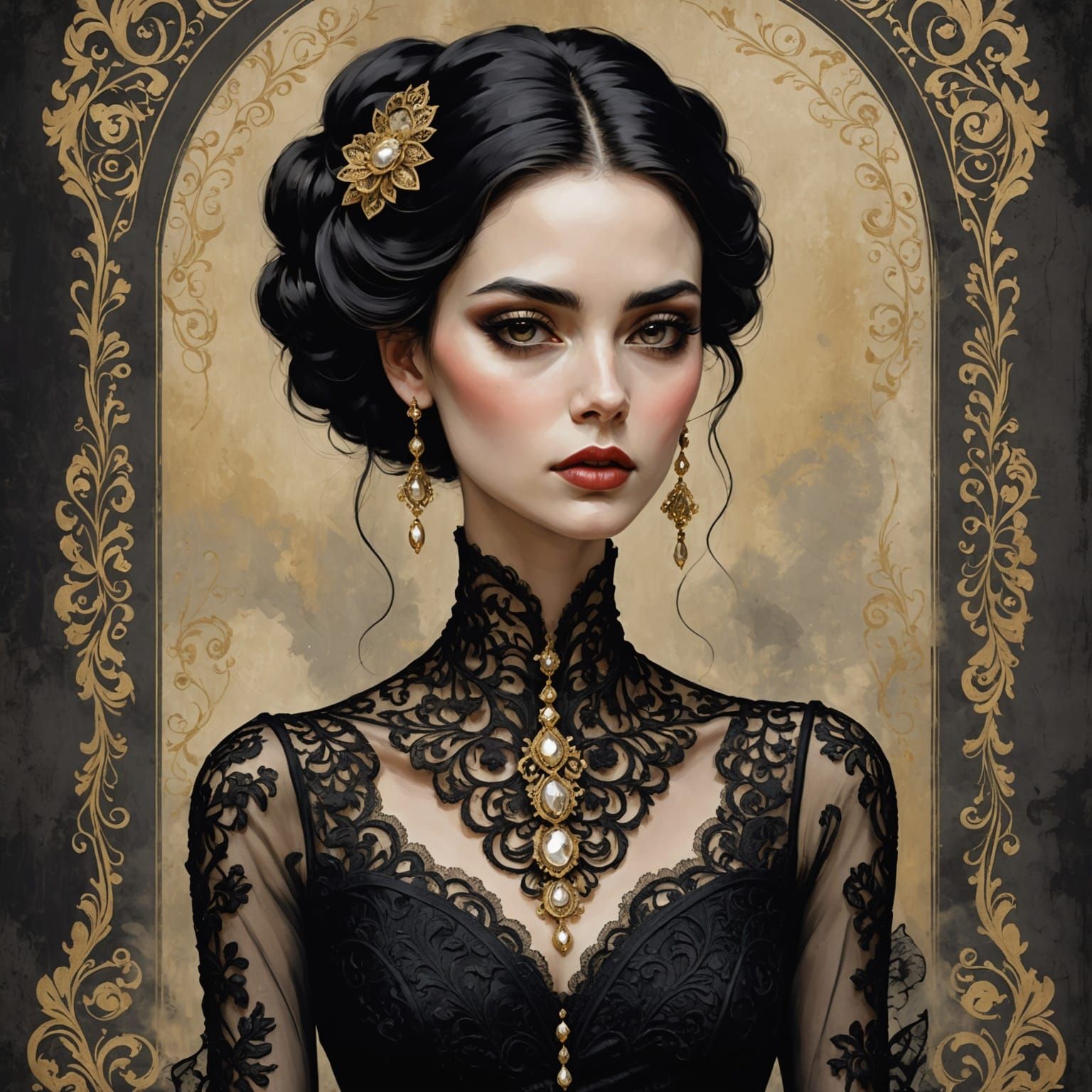 Ethereal Woman with Elongated Neck and Lace Gown