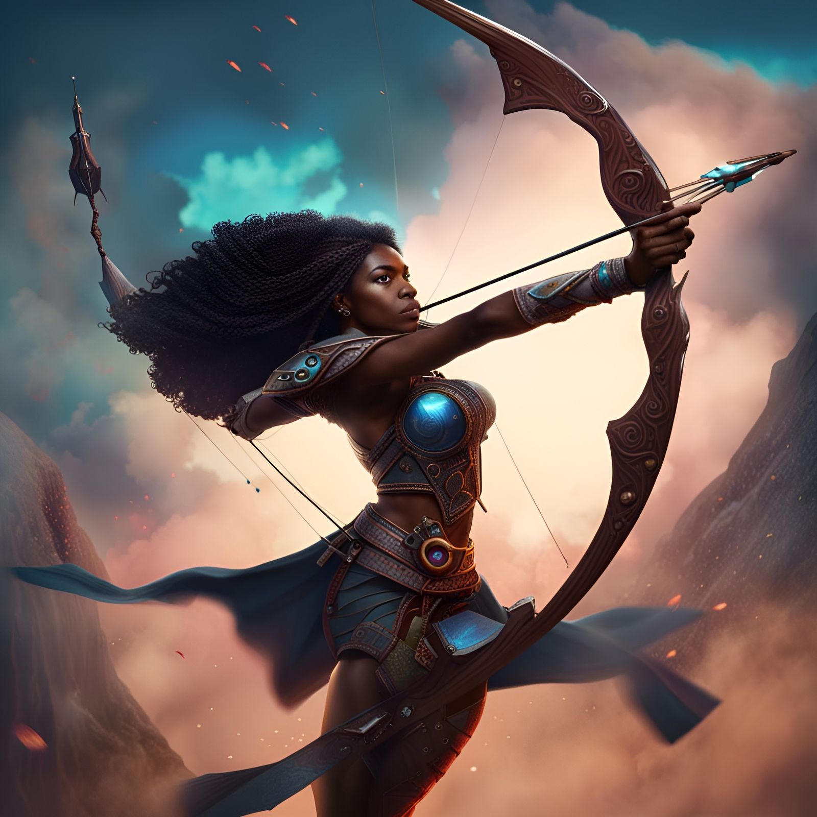 Ebony Archer Soaring Through Sky: Fantasy Concept Art
