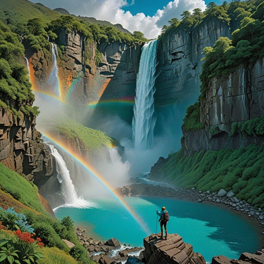 Lush Waterfall Landscape with Rainbow Majesty