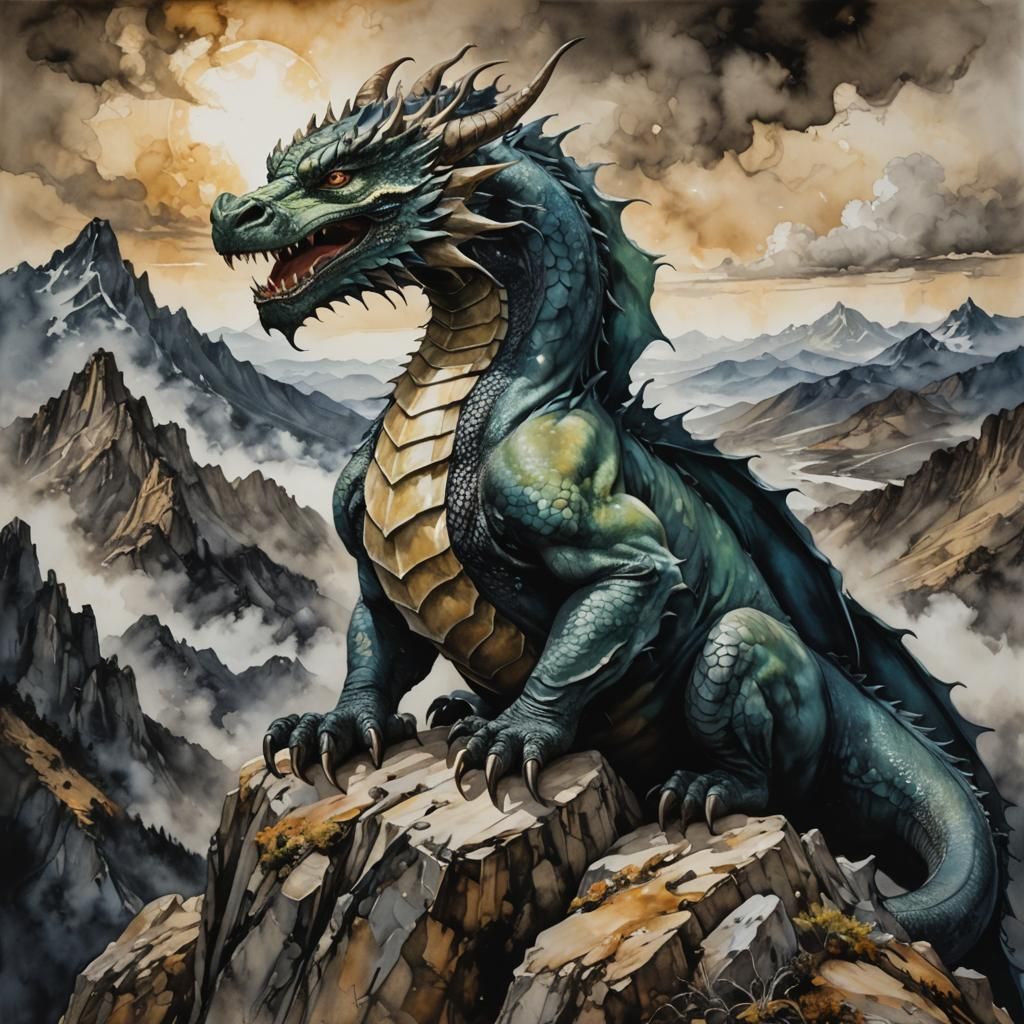 Dragon on Mountaintop in Grayscale Art