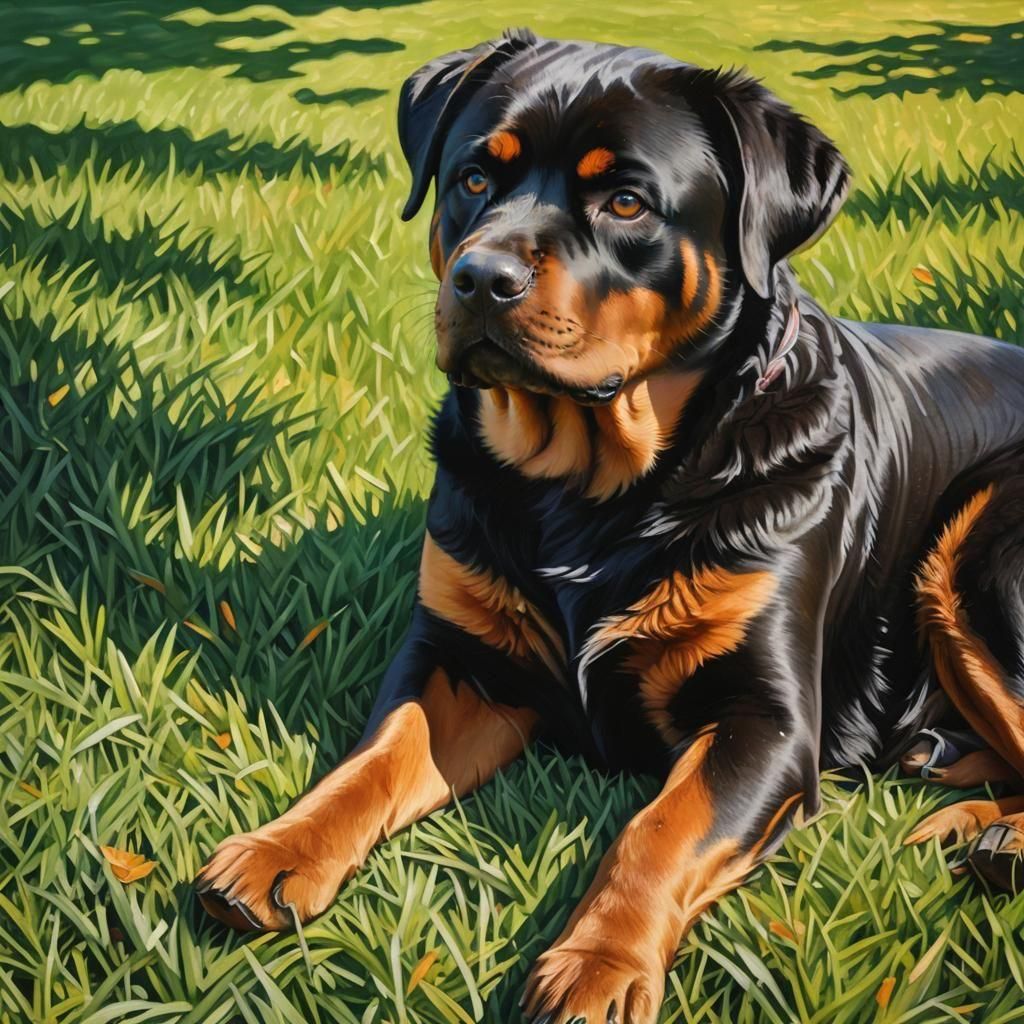 Rottweiler Dog Resting in Grass as a Painting
