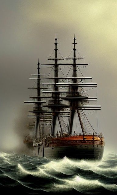 Realist Painting of Warship in Stormy Seas