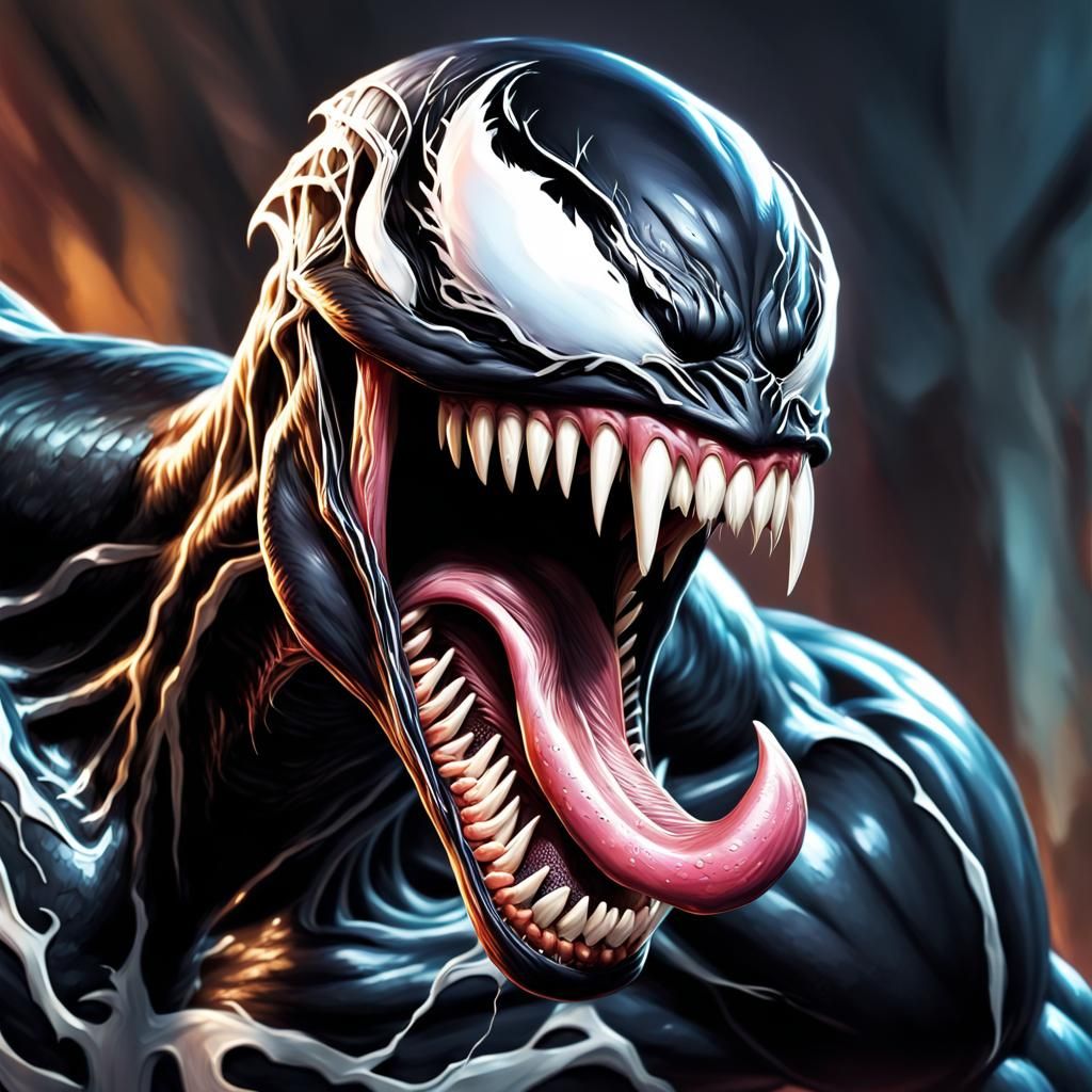 Menacing Venom Symbiote with Fangs and Tongue