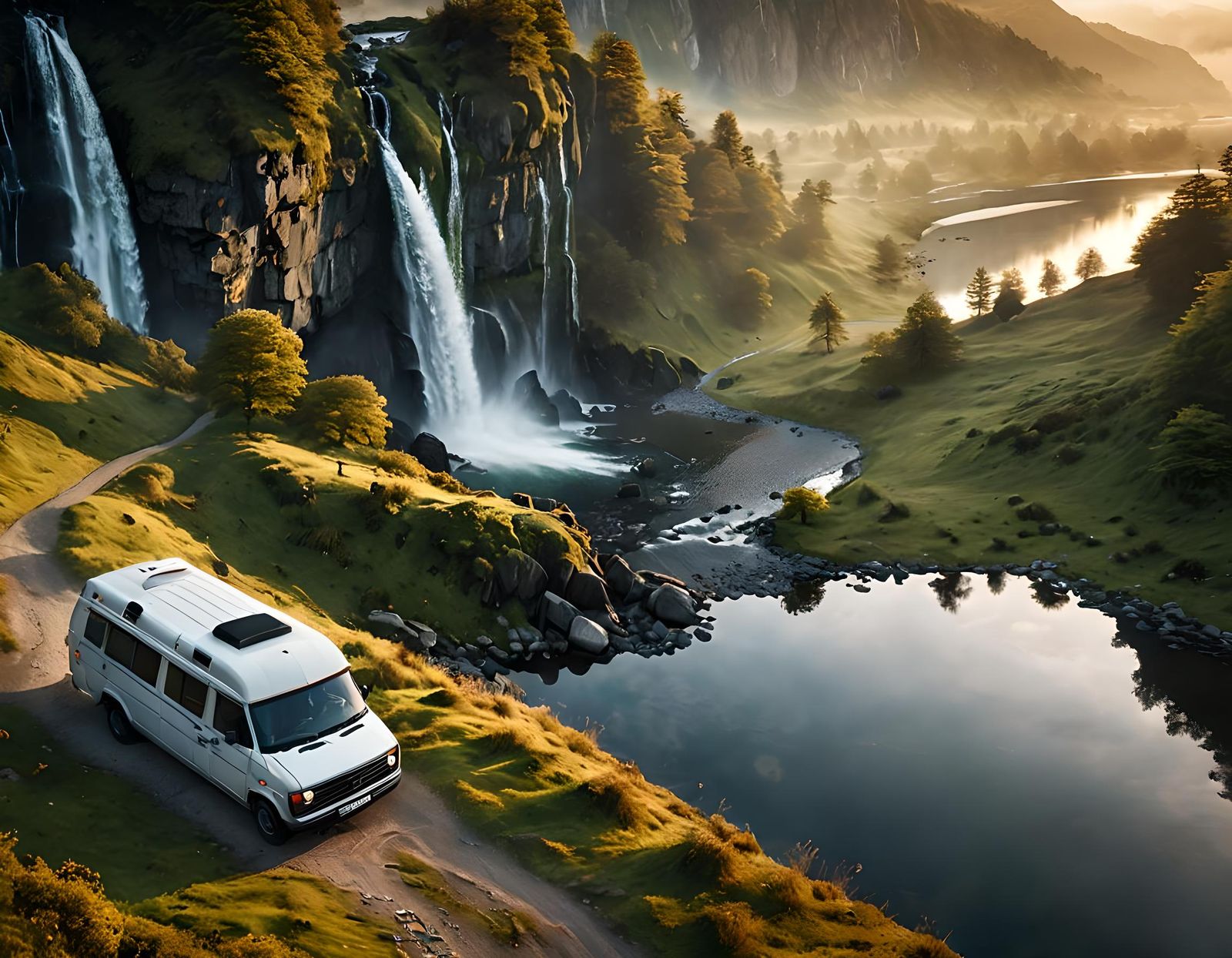 Camper Van at Serene Lake: Drone Shot at Sunrise