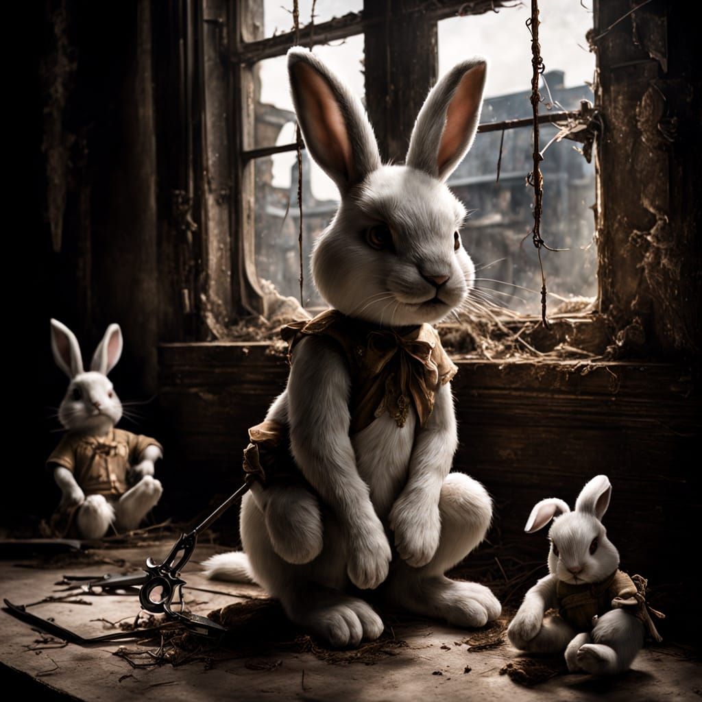 Creepy Attic Scene: Bunnies & Doll in Moonlight
