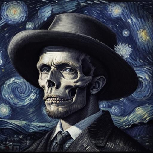 Skull with Starry Night Background in Van Gogh Style