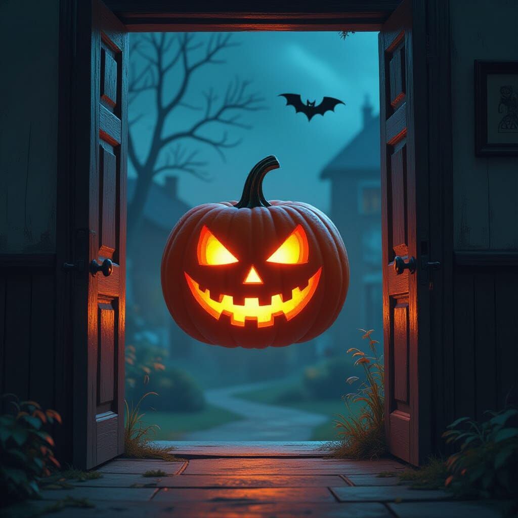 Halloween Pumpkin With Fiery Eyes Floats In Doorway