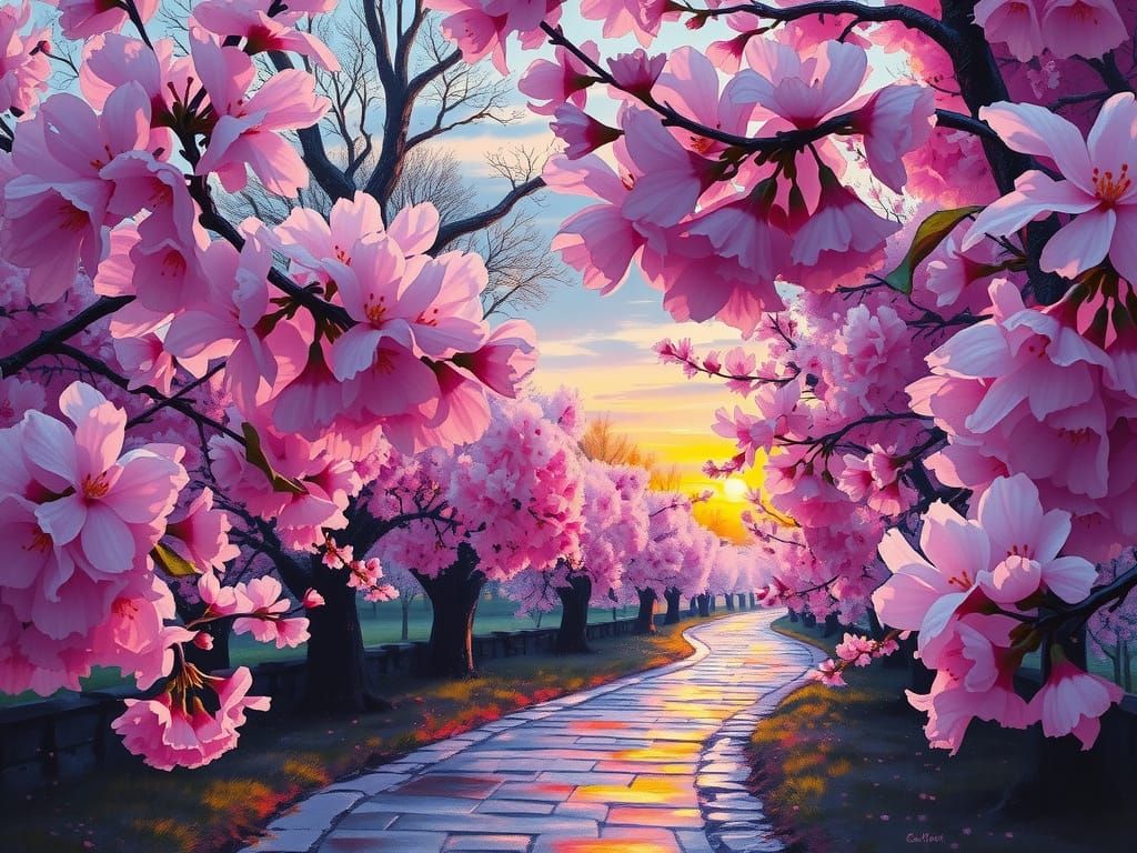 Cherry Blossom Garden at Twilight: Impressionist Oil Paintin...