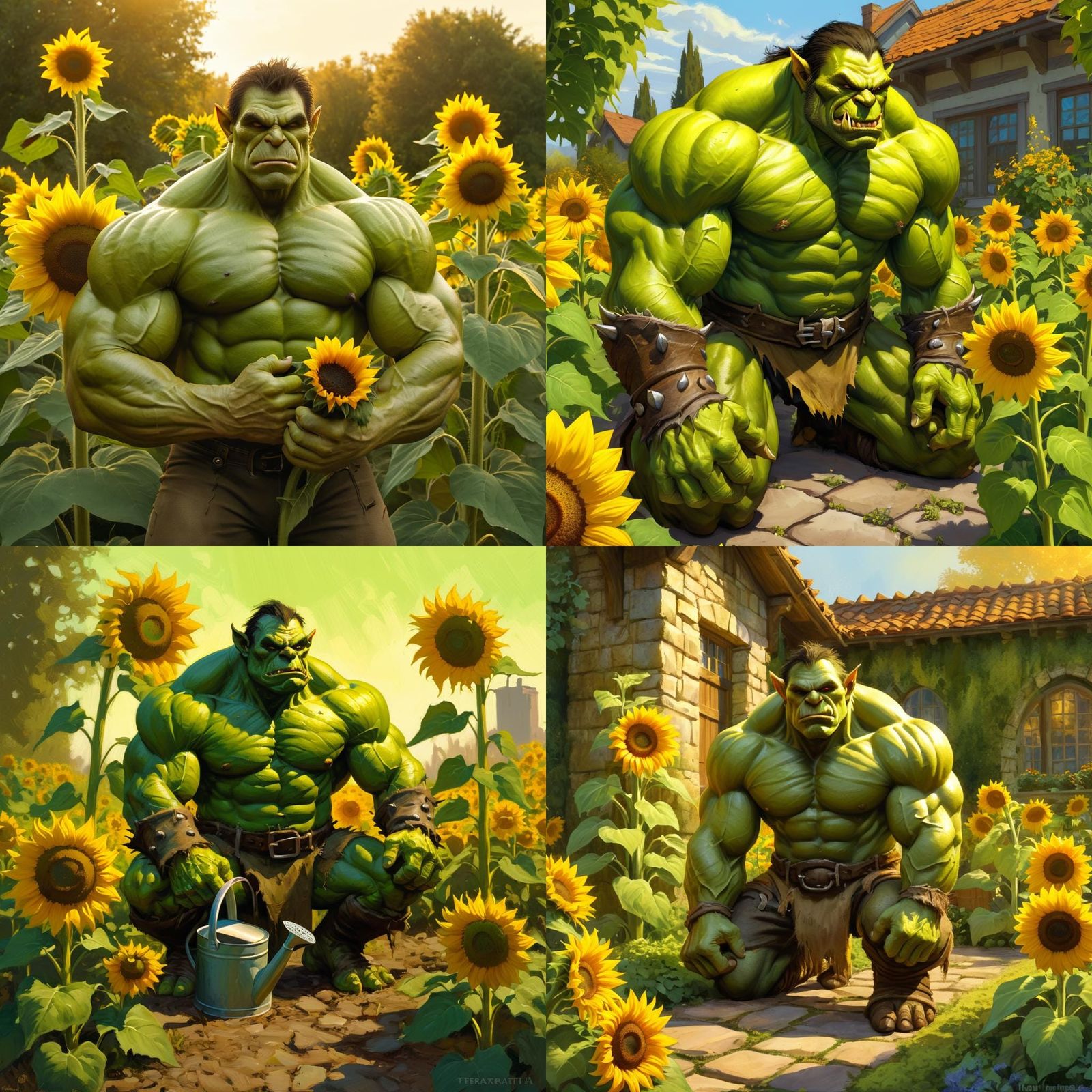 Green Orc Cultivating Sunflowers in Digital Art
