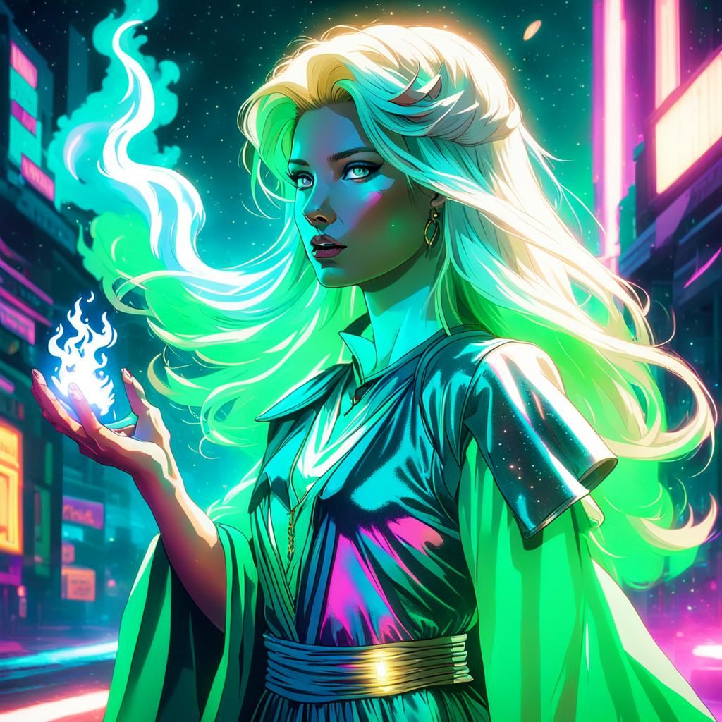 Girl Wielding Blue Fire in Synthwave Neon Style