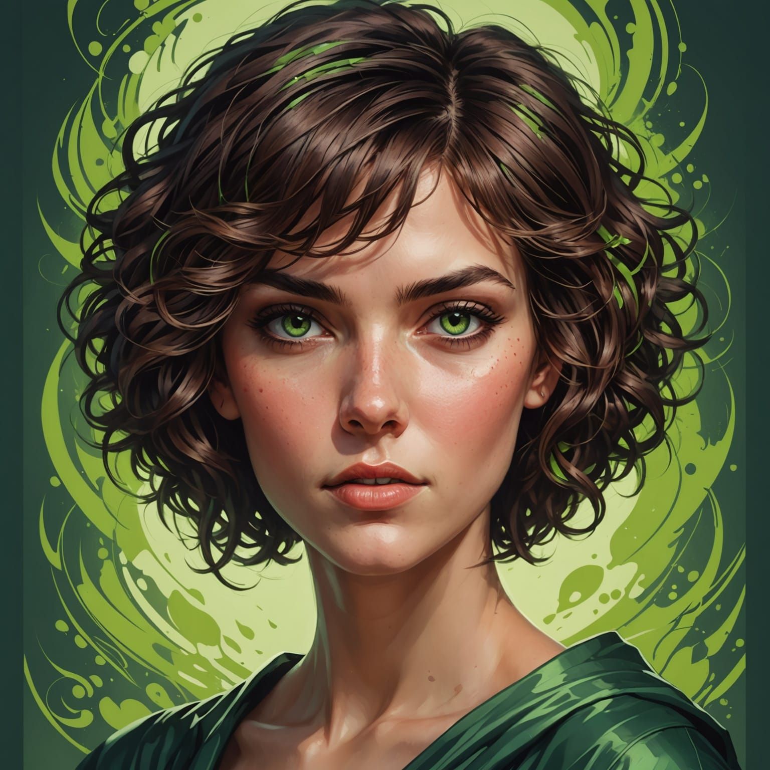 Beautiful Woman with Green Eyes: Art Nouveau Portrait