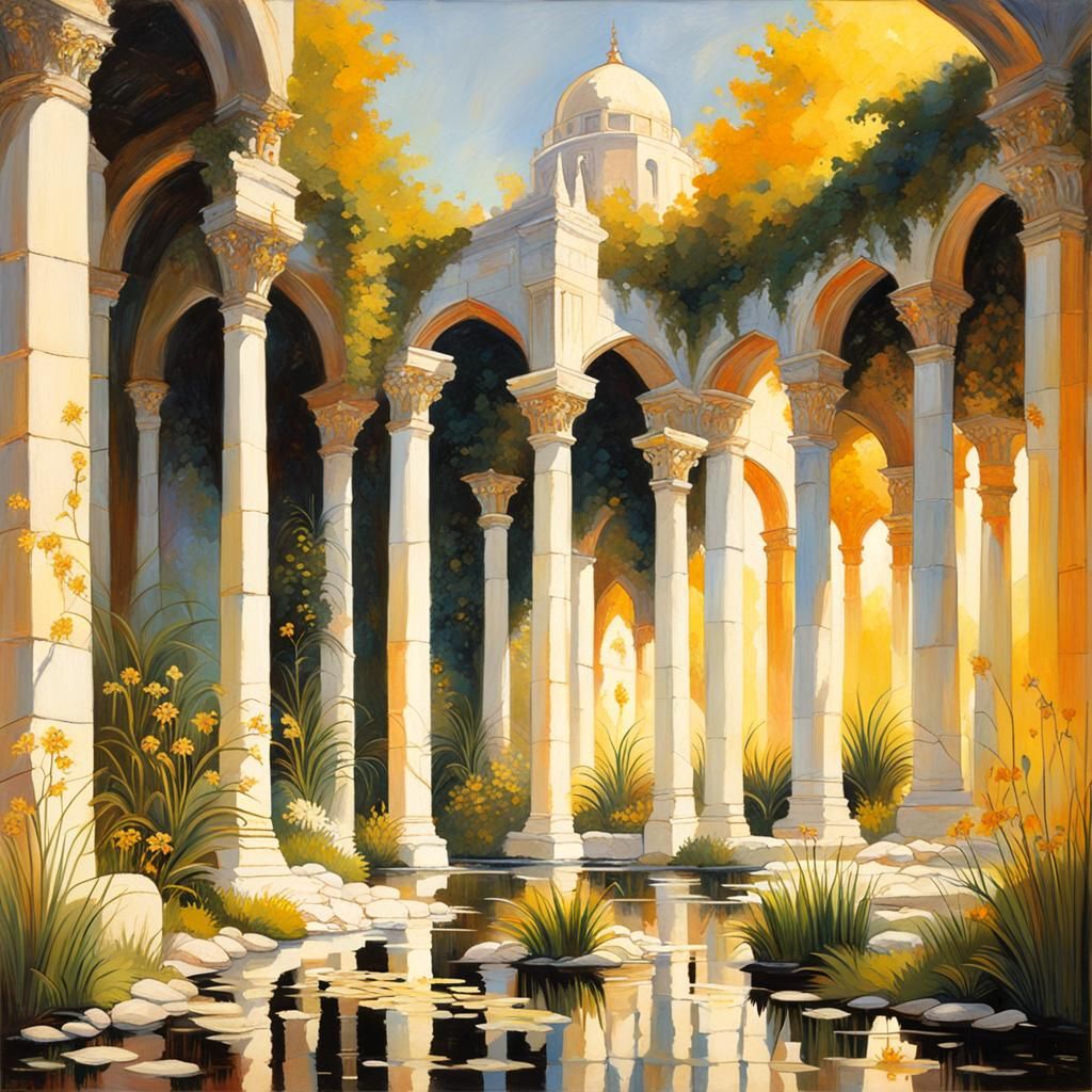 Golden Sunlight Illuminates Gothic Roman Garden