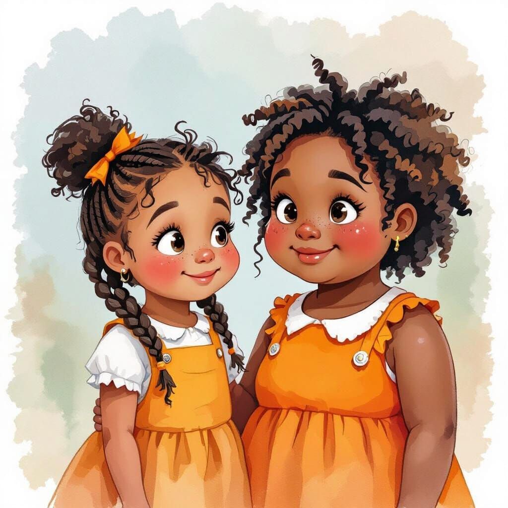 Two Young Girls in Watercolor Art Style