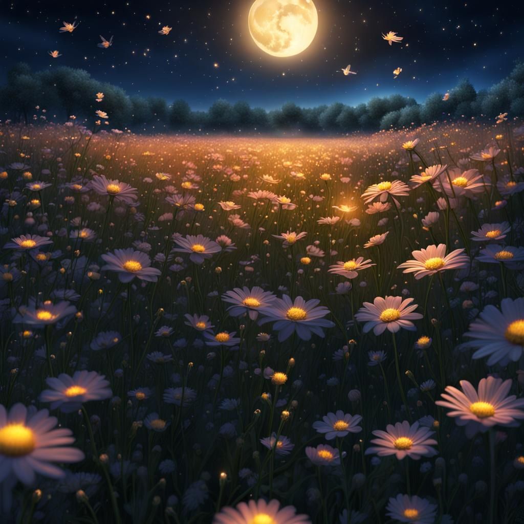 Night Meadow with Fireflies: Detailed Matte Painting