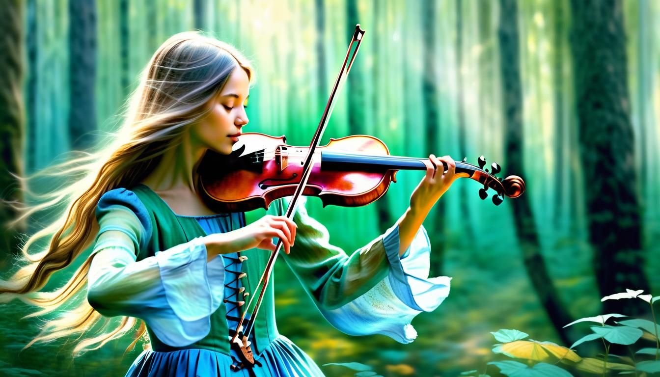 Enchanting Girl Violinist in Forest: Whimsical Digital Art