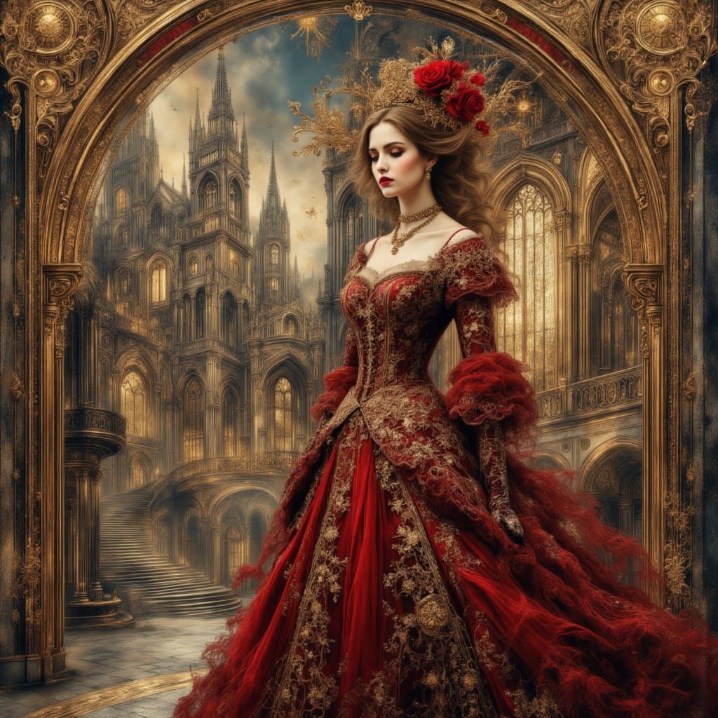 Victorian Woman in Crimson Dress with Cathedral
