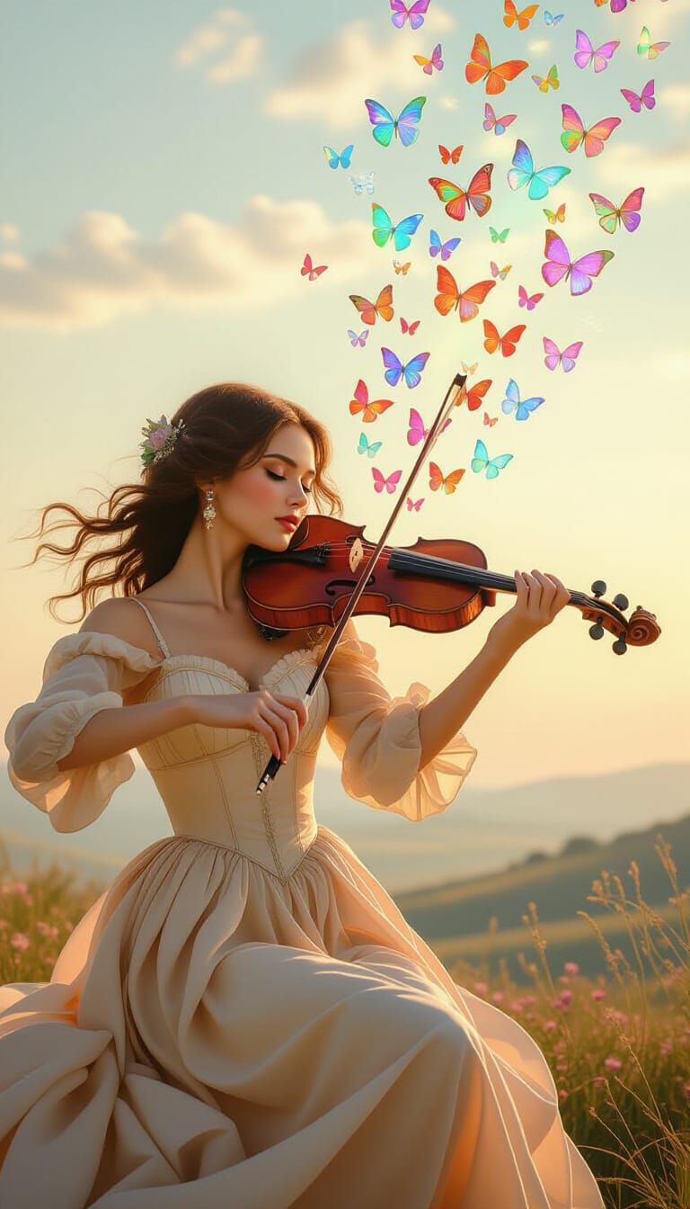 Woman Playing Violin With Butterflies in Pre-Raphaelite Styl...