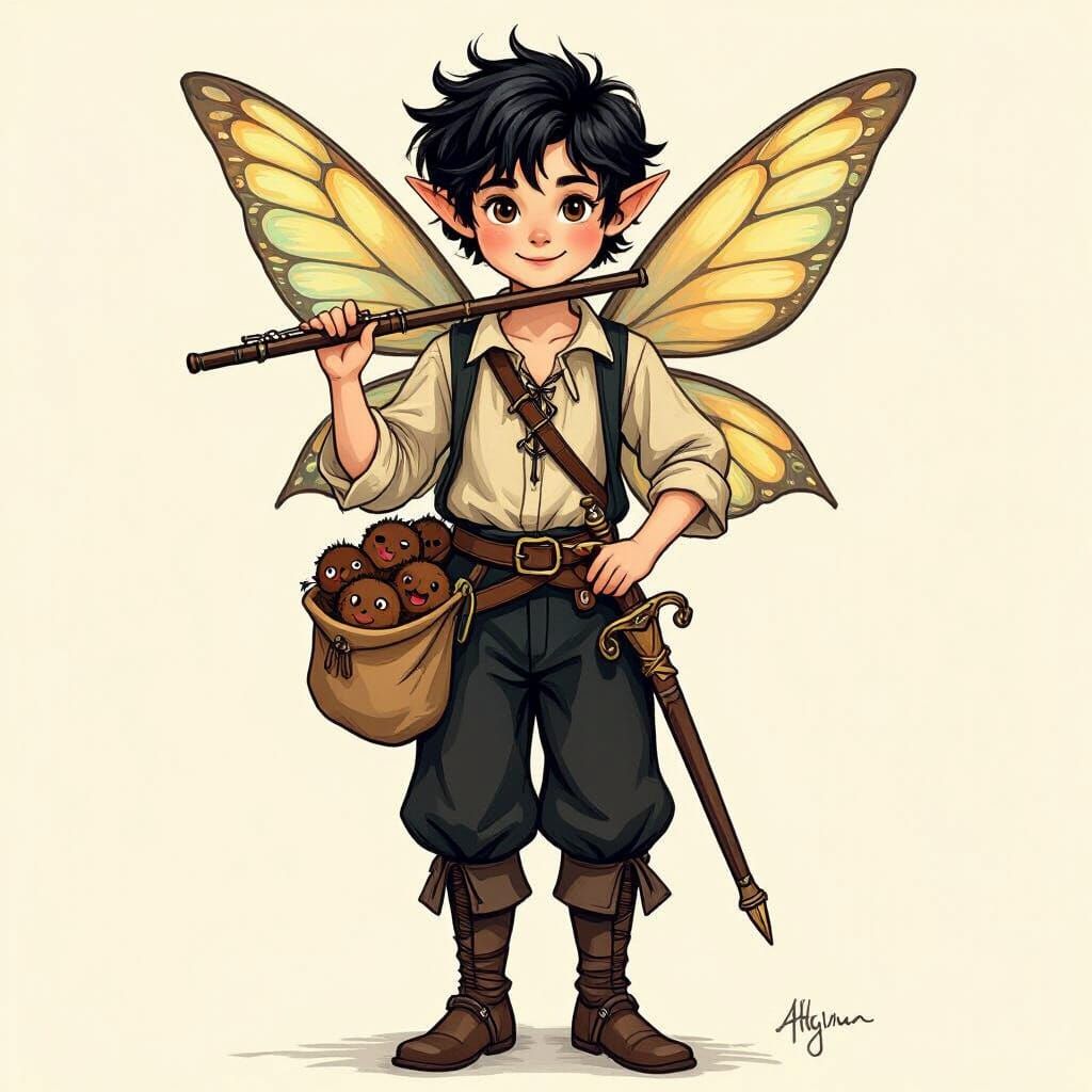 Male Fairy Bard with Flute and Rapier in Whimsical Style