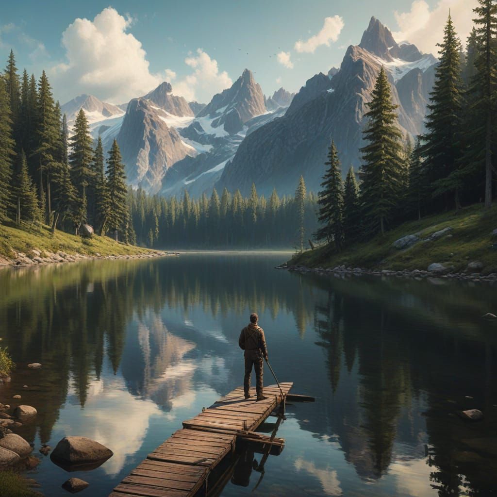 Serene Mountain Lake Reflection in Photorealistic Style