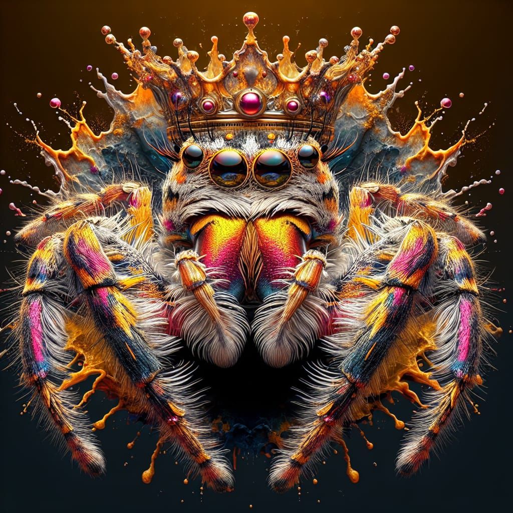 Gold and Pink Jumping Spider Queen in Hyperrealistic Style