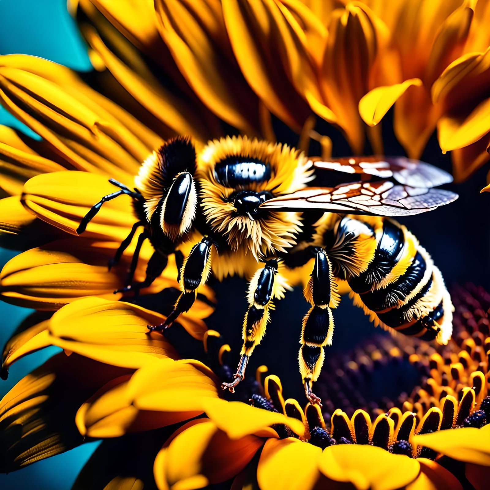 Hyperrealistic Macro of Bee on Sunflower