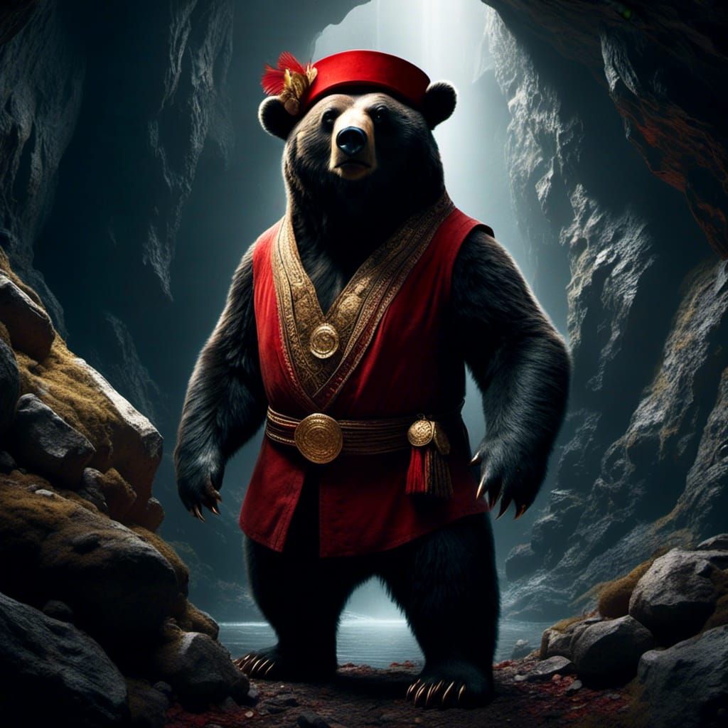 Hyperrealistic Black Bear in Fez at Cave Entrance