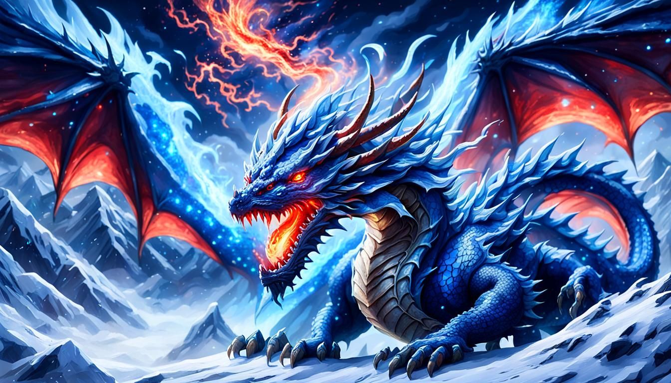 in windy blizzard appears a blue dragon with a skin made of ...