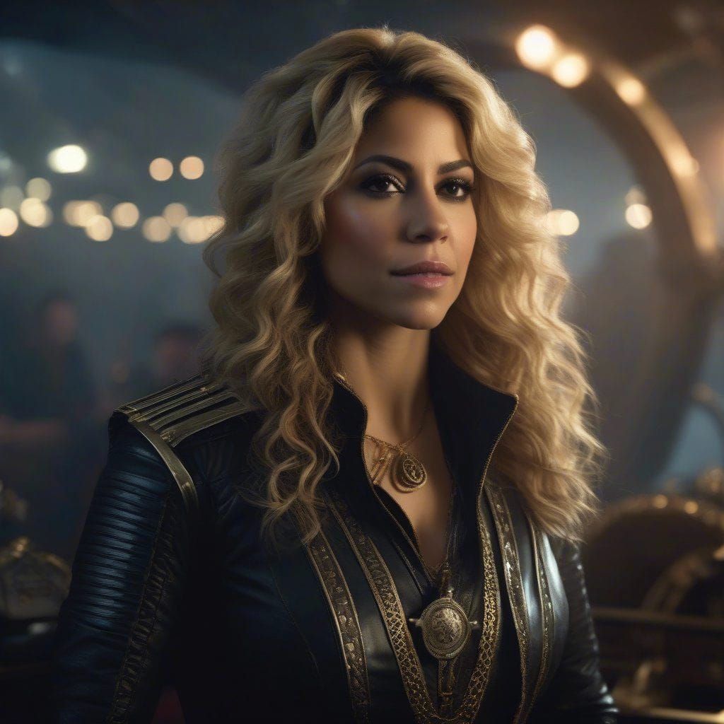 Portrait of shakira as Space Pirate Captain Harlock from disney movie "Pirates of the space". Intricate _details. Elabo...