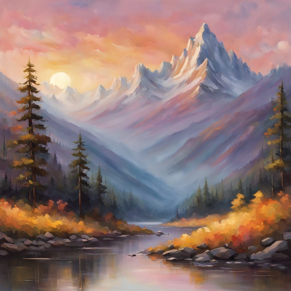 Breathtaking Panoramic Mountain Landscape in Vibrant Oil Pai...