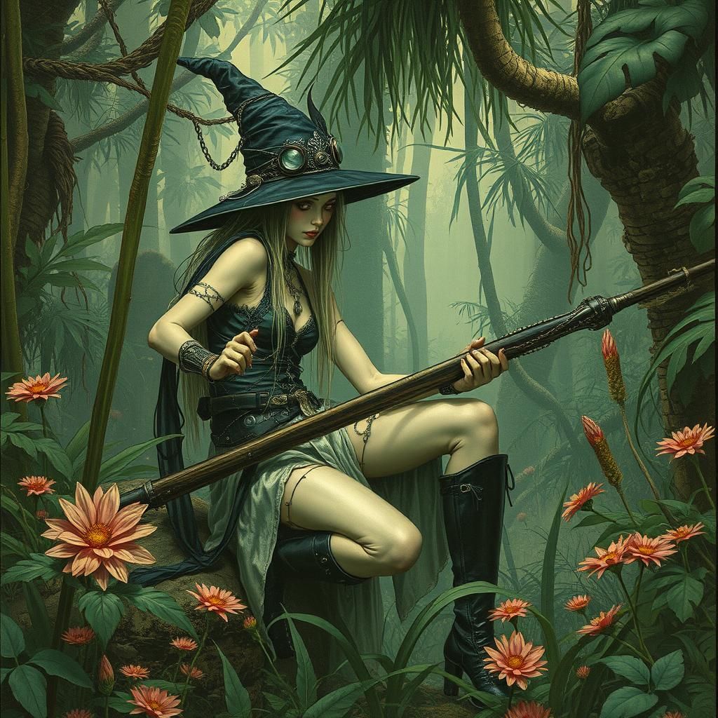 Techno-Punk Witch in Flowered Jungle Clearing