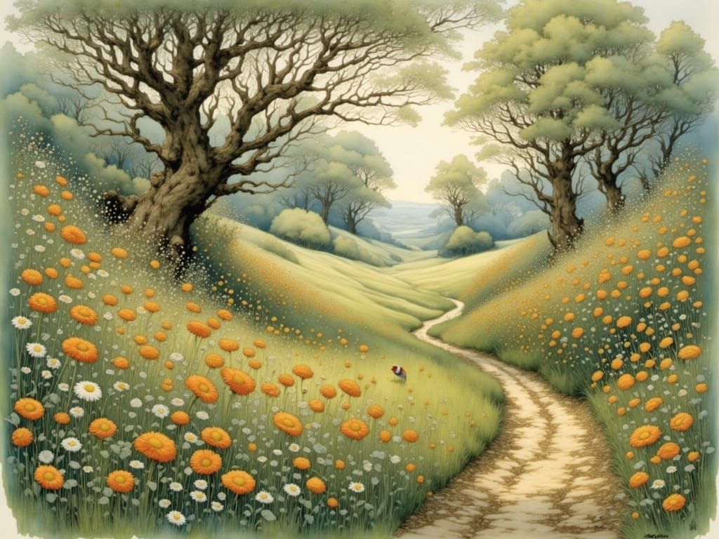 Whimsical Summer Orchard Scene in Watercolor Style