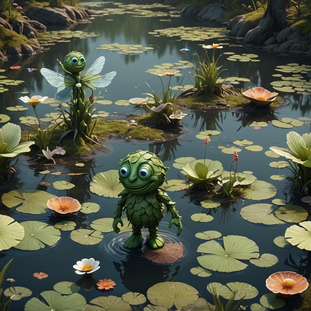 Cute Green Water Creature in Forest Lake Dam
