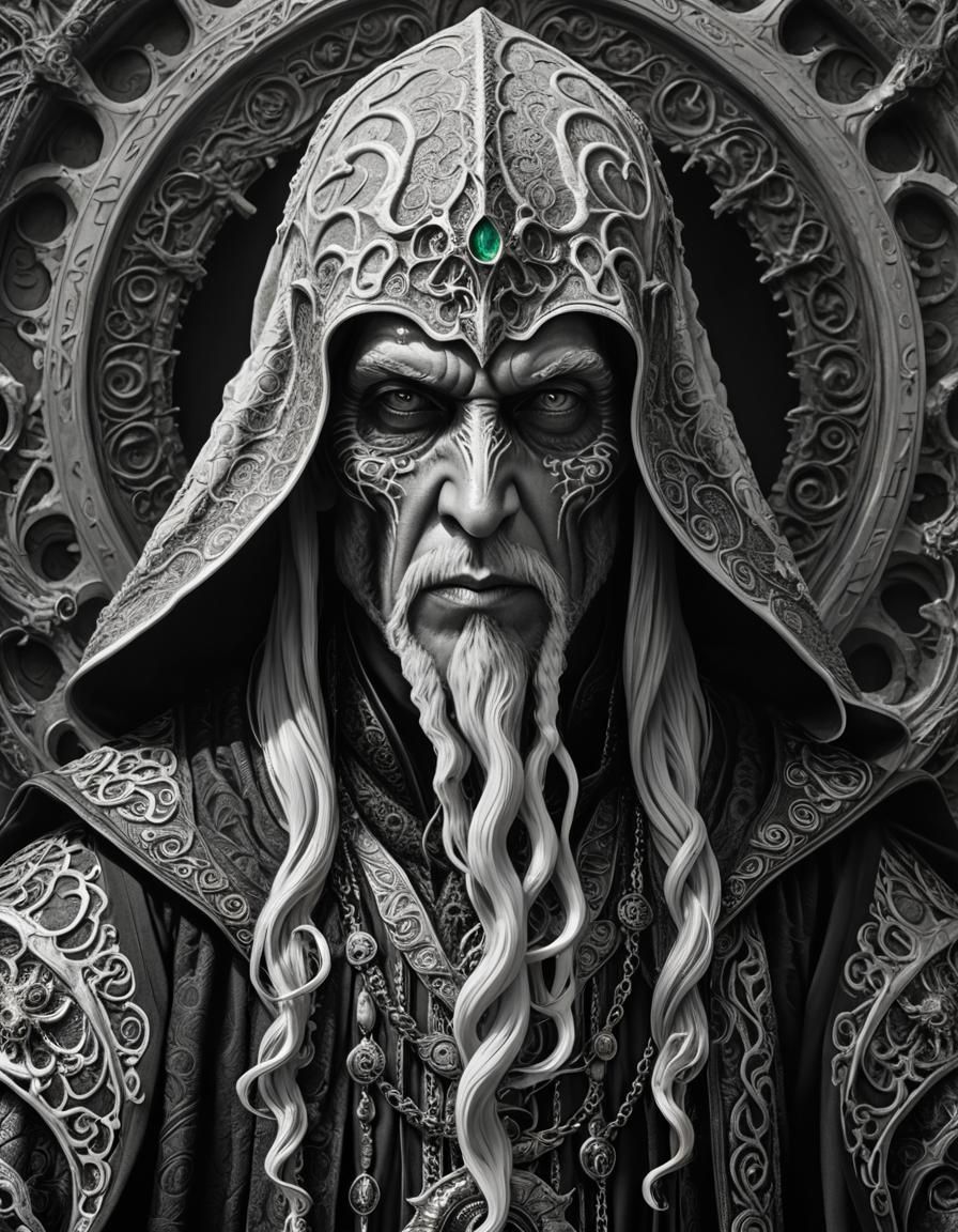 Hooded Cthulhu Priest King Portrait in Black and White