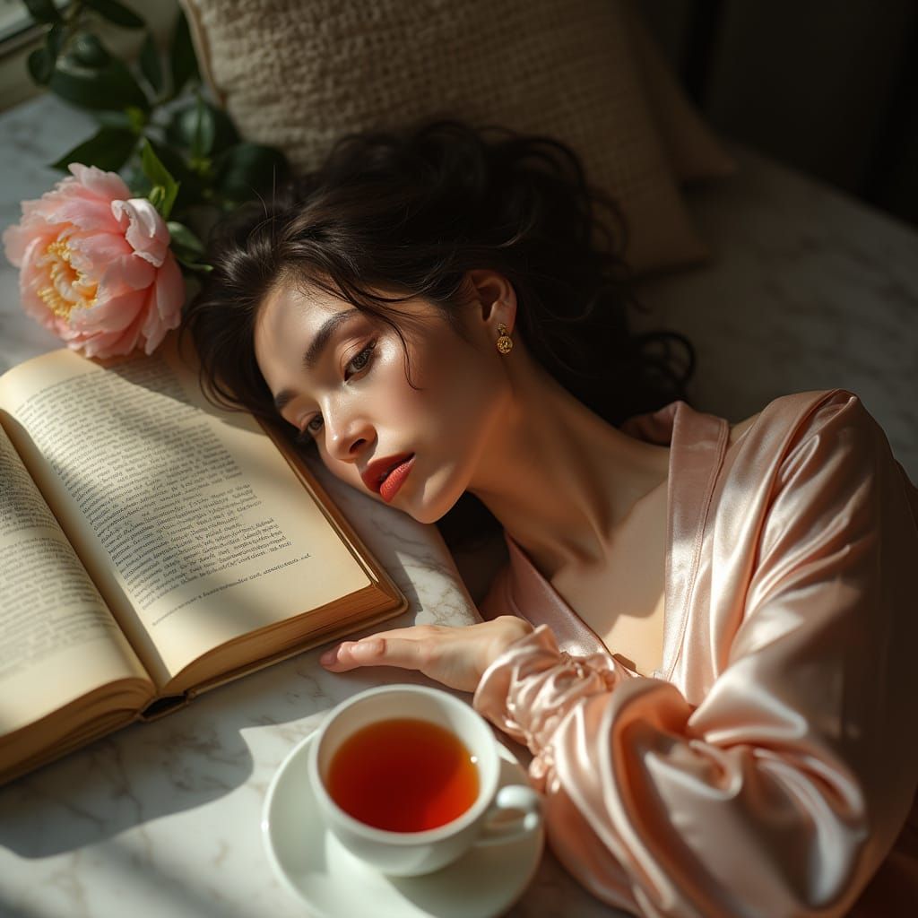 Woman in Silk Robe: Reflective Afternoon in Digital Art