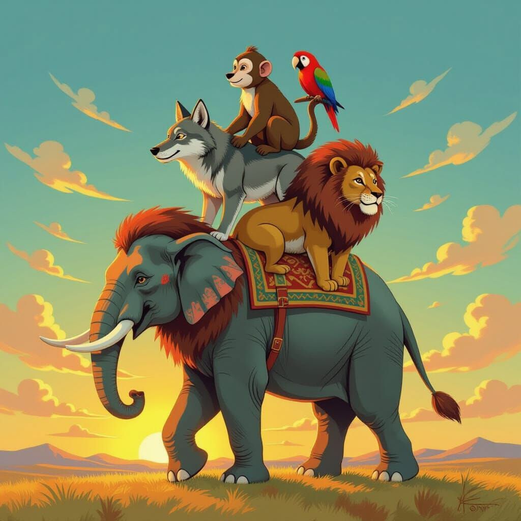 Whimsical Animal Tower in Golden Hour Light