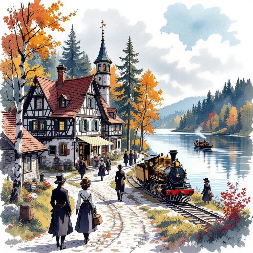 Steampunk Village by Lake in October Watercolor Style