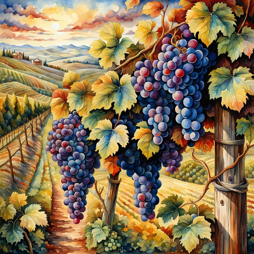 Pinot Gris Vineyard in Watercolor Style