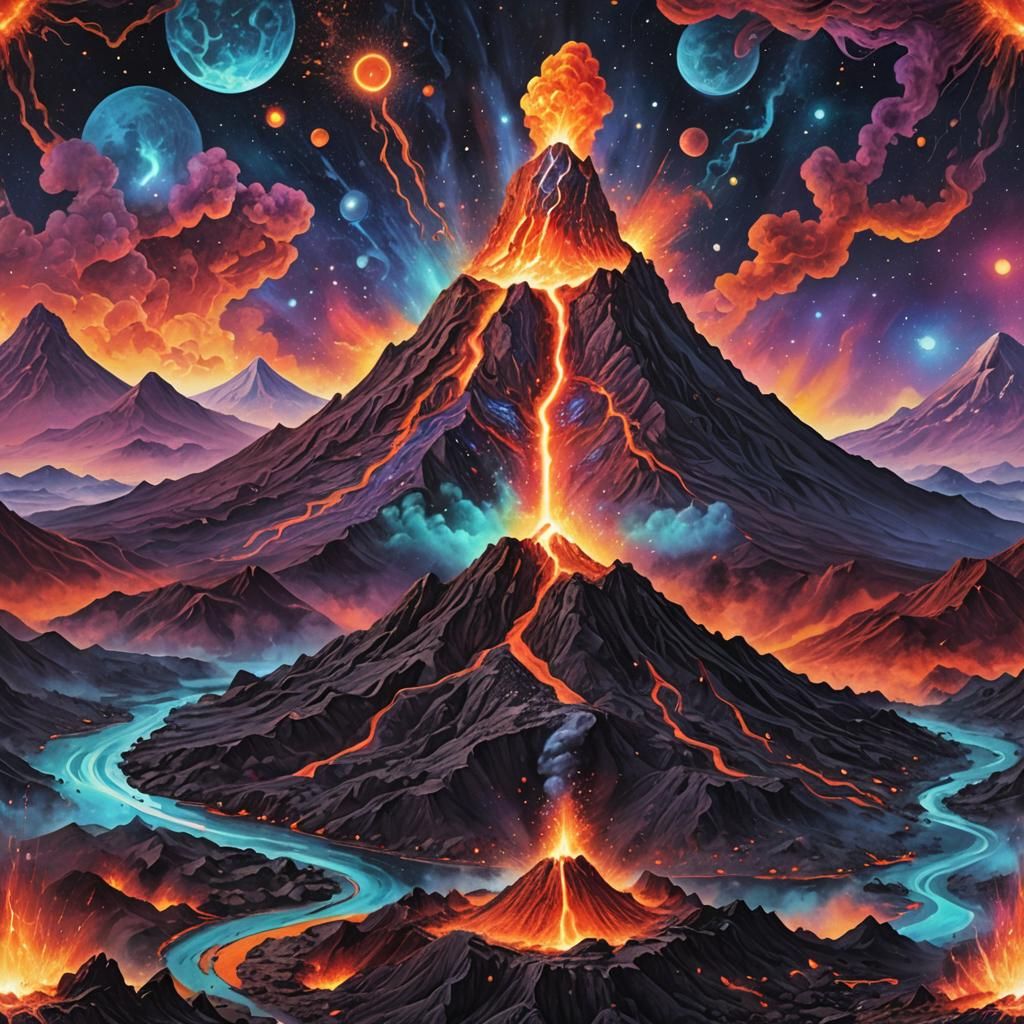 Astral Volcano Illustration in Mixed Media Style