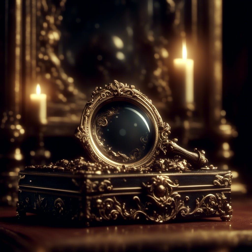 Golden Monocle in Velvet Display Case: Digital Art