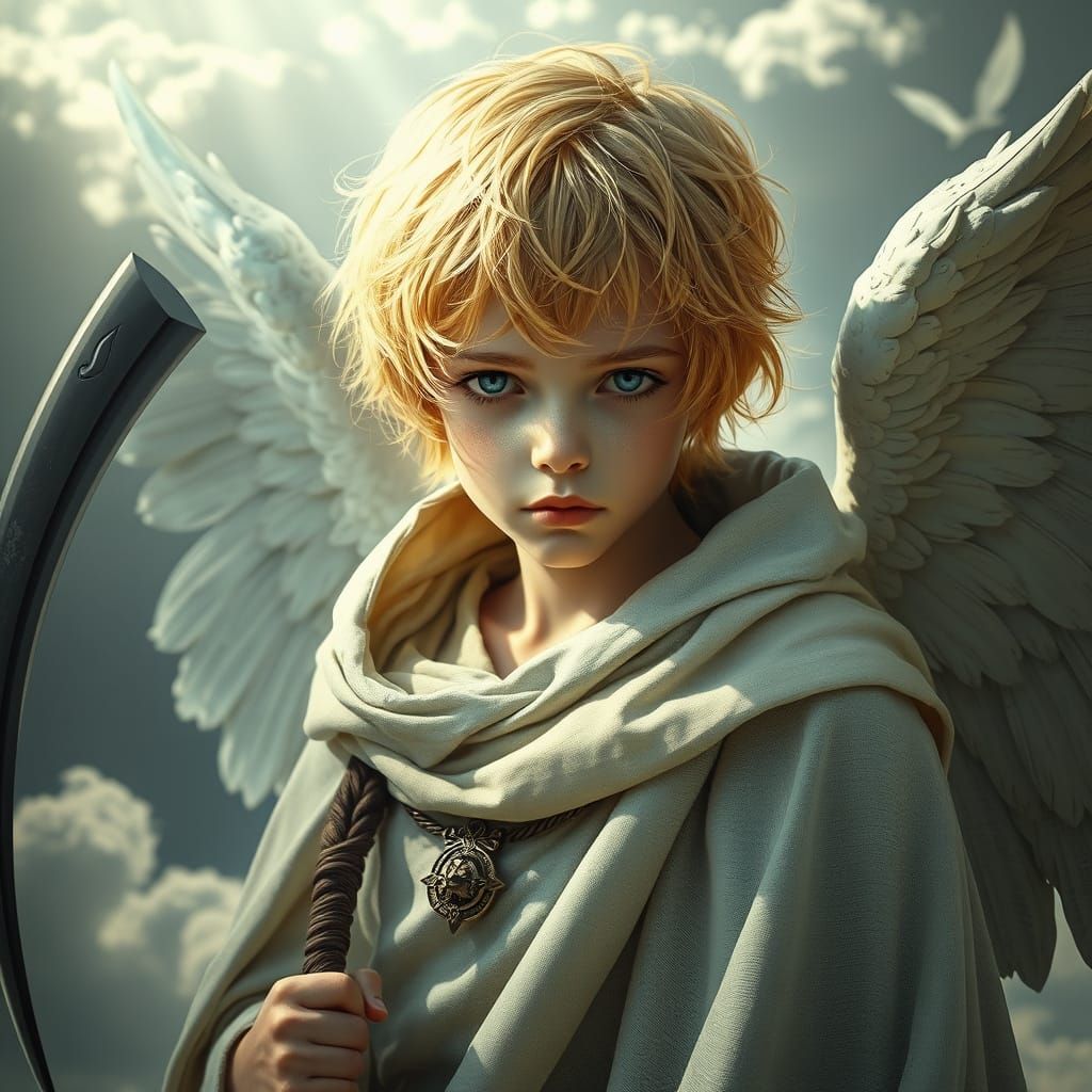 Blond Angel Boy with Scythe in Heavenly Soft Focus