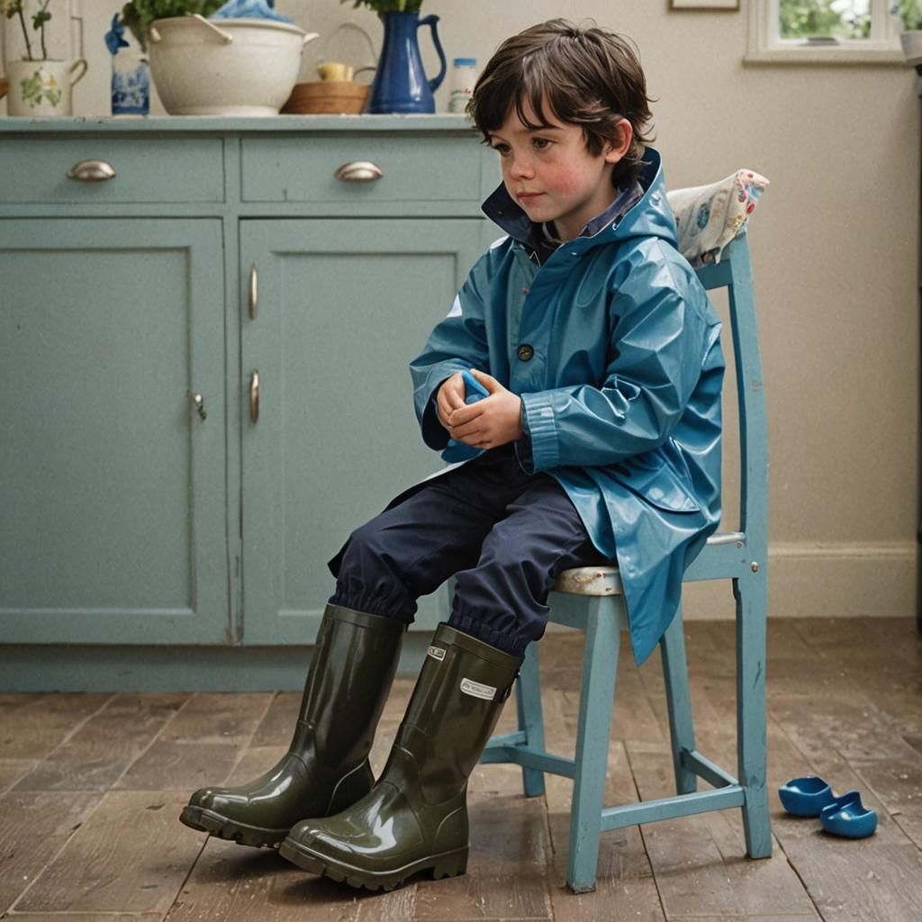 Boy in Blue Raincoat and Wellington Boots