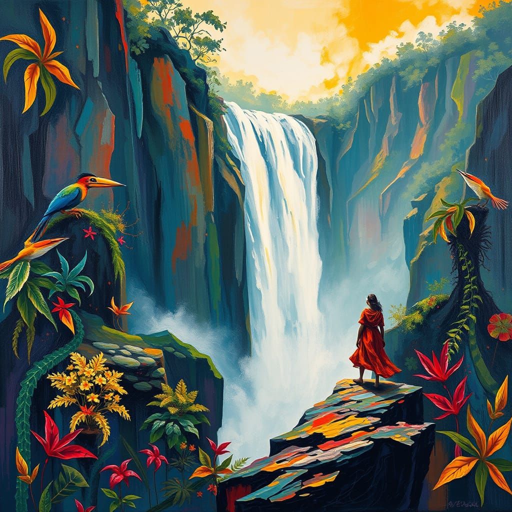 Abstract Expressionist Figure at Jungle Waterfall