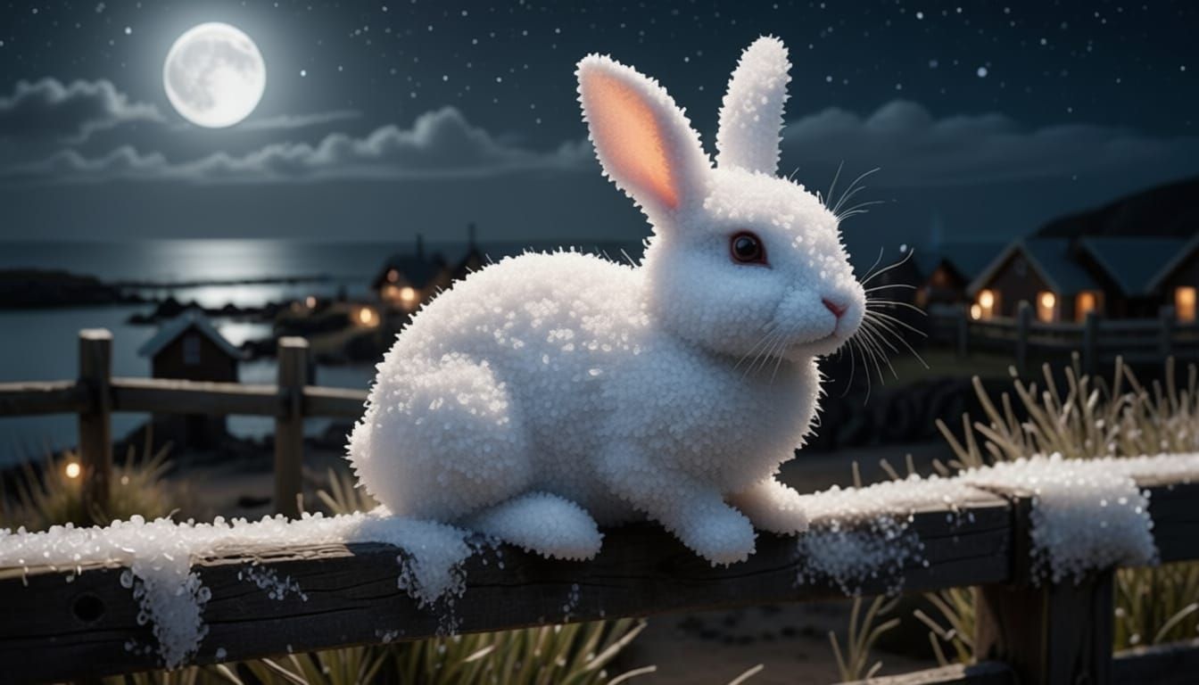 Salt Hare on Fence in Coastal Village at Night