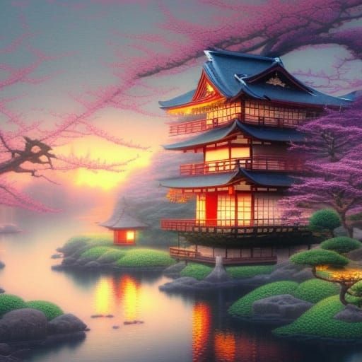 Ethereal Japanese Treehouse with Cherry Blossoms