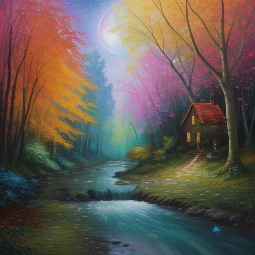 בית קטן על שפת הנחל הזורם ועצים מללבים בצבעים נועזים ואור הלבנה עם כוכבים מאירים 
2