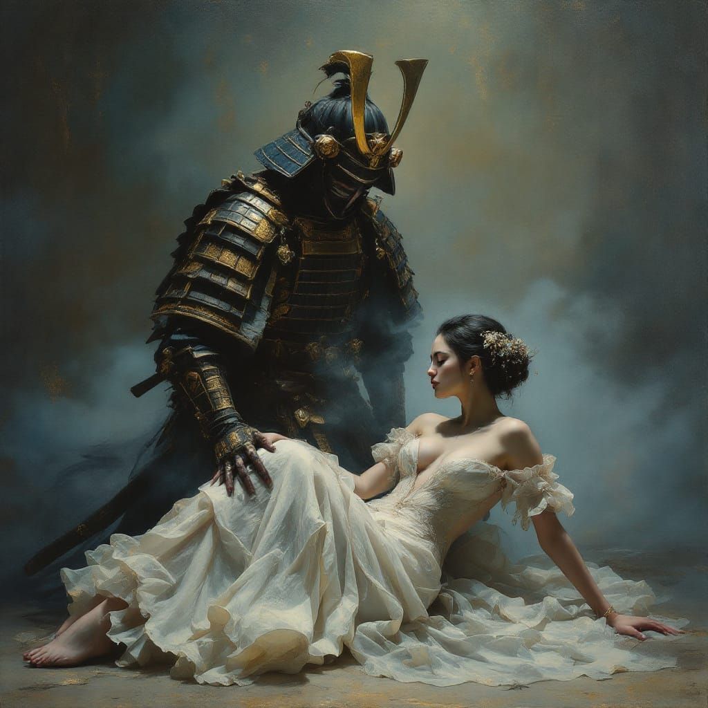 Samurai Warrior Guards Maiden in Classical Oil Painting Styl...