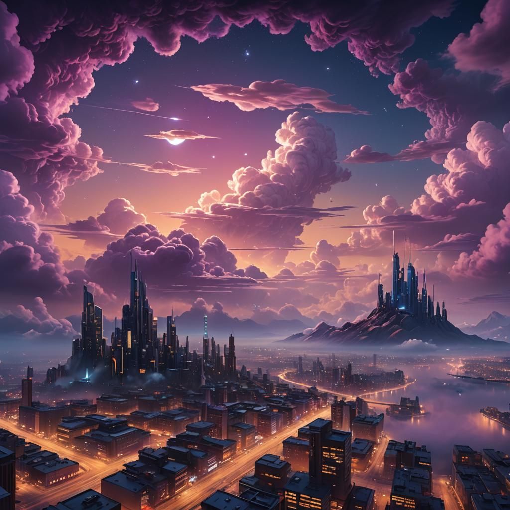 Worlds Floating in Clouds at Night: Digital Matte Painting