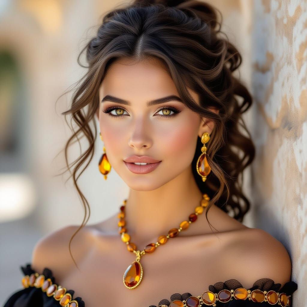 Amber Adorned Woman with Dark Curls