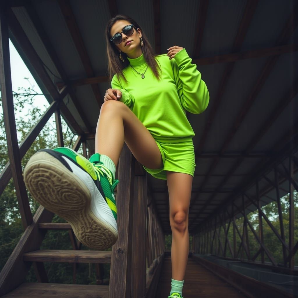 Model in Futuristic Sneaker, Low Angle Editorial Shot