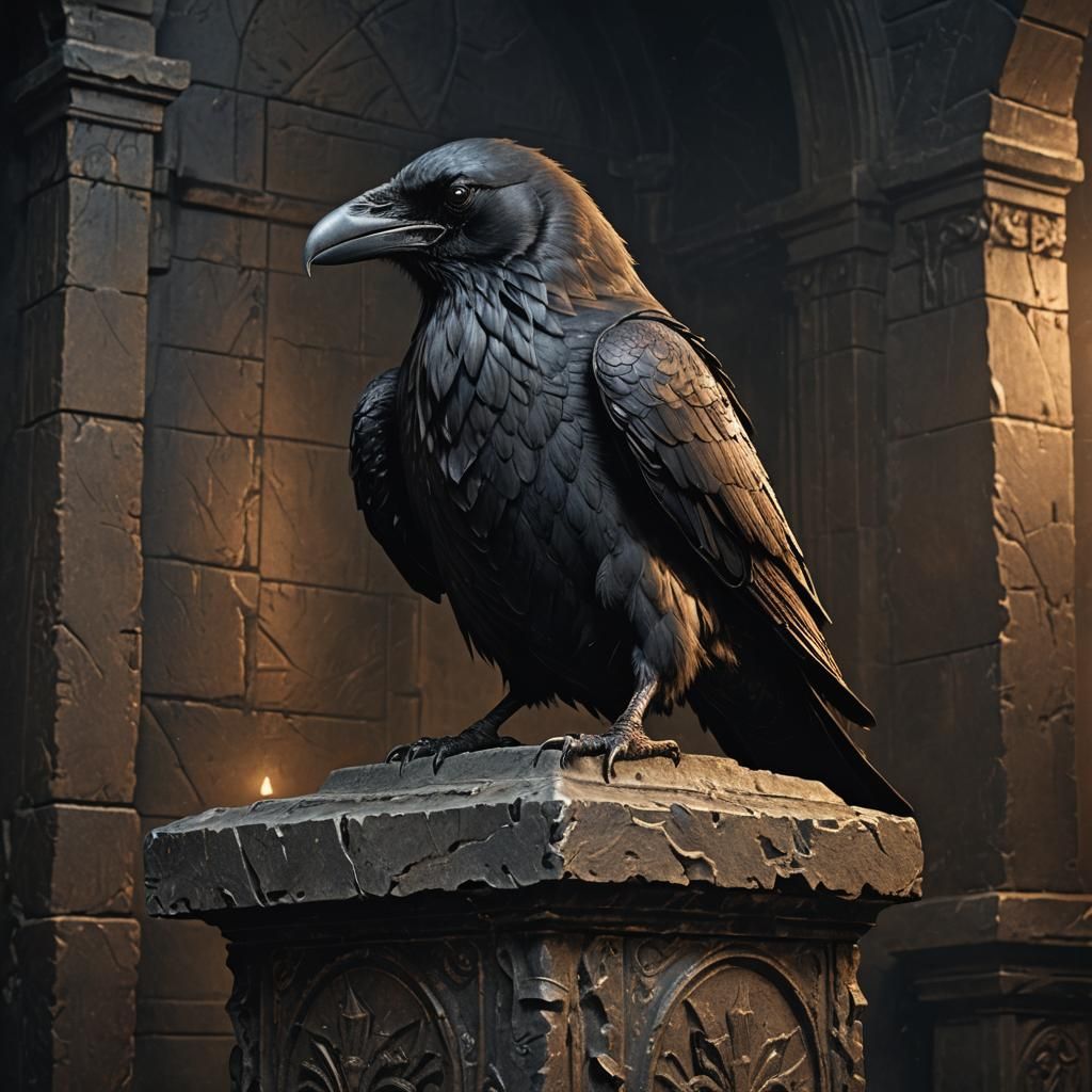 Armored Raven in Gothic Chamber: Dark Fantasy Art